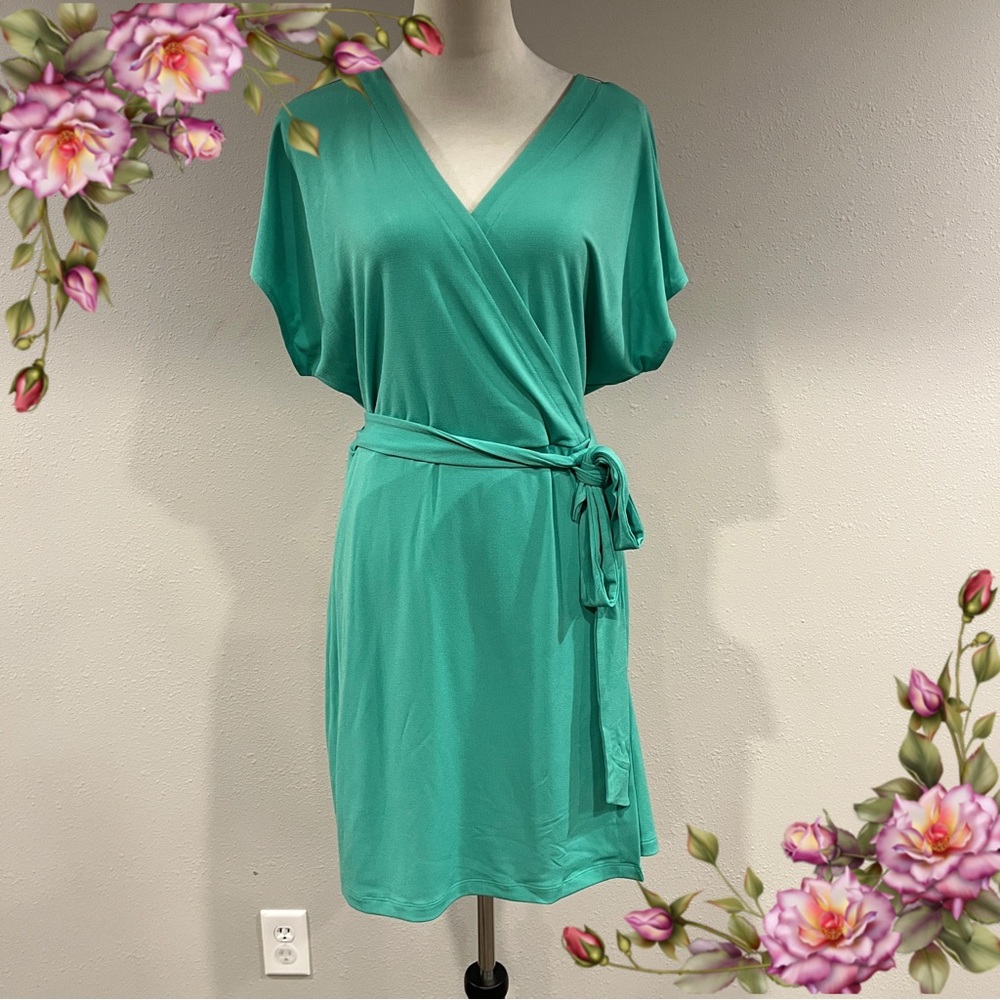 Nine West green color short sleeve fake Wrap plus size stretchy Dress‎